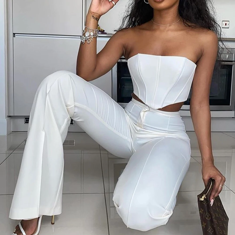  JillPeri Strapless Corset Crop Top and Flare Pants Sets Solid High Waist Women Sexy Outfit Elegant Casual Legging 2 Piece