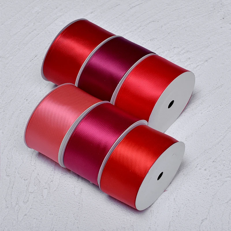 Red Double Faced Satin Ribbon Manufacture Luxury 100 yards roll Custom Wholesale Gift Packing Custom Plain Polyester Satin