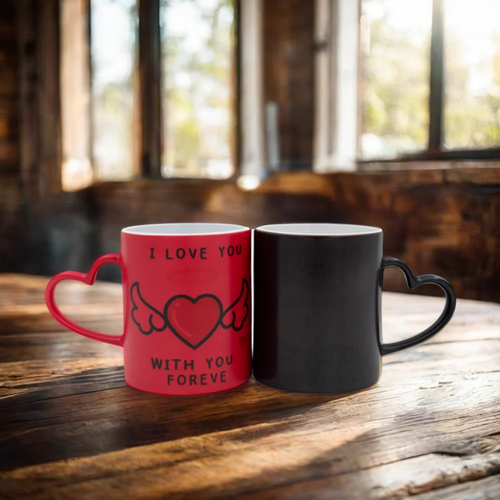 Heart Handle Glossy Magic Ceramic Mug Custom Logo Image Customizable Sublimation Color Changing Mugs