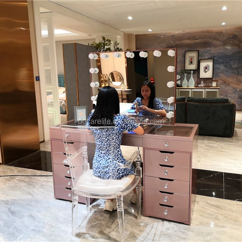Stock on US! Docarelife Salon Furniture Rose Gold Girls Beauty Vanity Set Makeup Dressers with Mirror