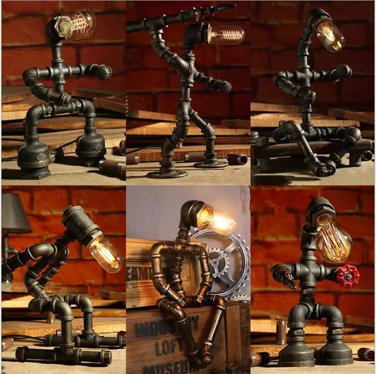 Industrial Retro Metal Spraying Pipe Fittings Toy Lamp Robots For Living Room Decoration