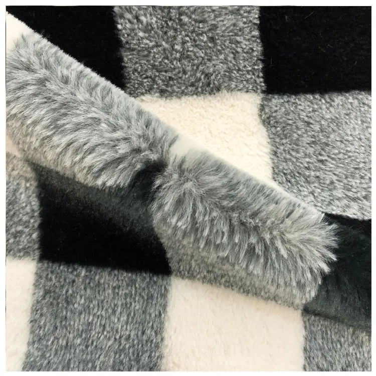  100% polyester printed faux fur fabric plaid fake hair like
