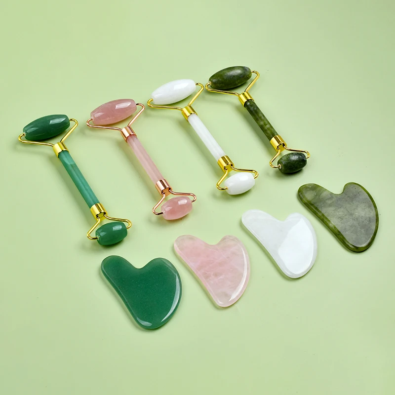 Crystal Jade Roller And Gua Sha Set Heart Shaped Guasha Stone And Jade Face Roller Custom Jade Roller And Gua Sha Massage Kit