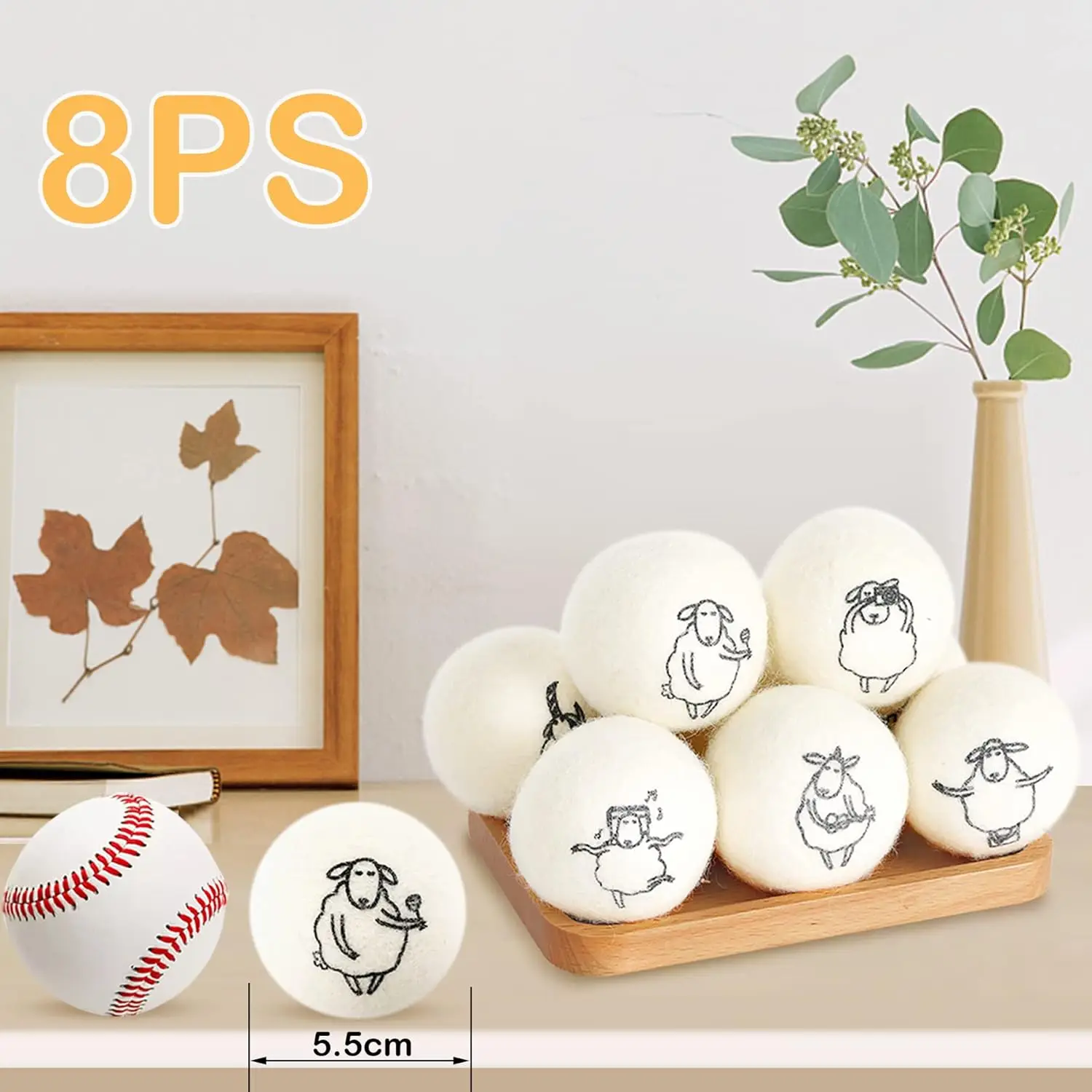 Wool Dryer Balls, 8PCS Dryer Balls with Happy Sheep - Natural & Organic, 100% New Zealand Wool Handmade