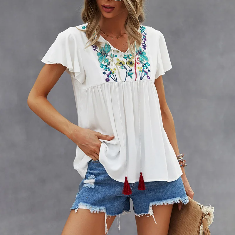 OEM customization vacation T-shirt Embroidered sexy cotton linen top Vintage 70s Ethnic Floral Embroidered Boho Hippie Blouses