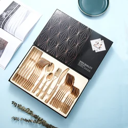 Custom stainless steel spoon set gold silverware talher cubiertos dorados spoon and fork luxury golden cutlery flatware sets