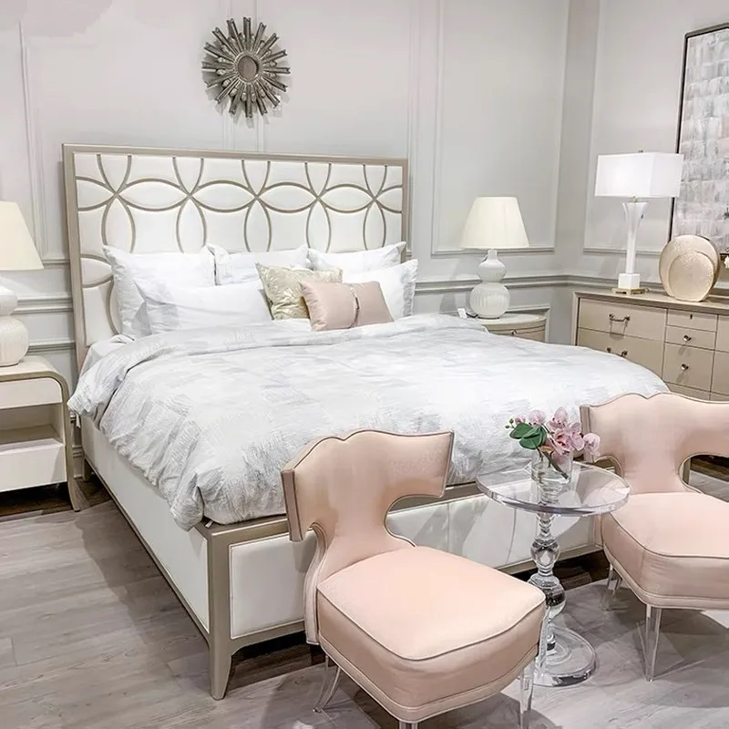 Custom Italy Luxury Homey Modern Coin Design Champaign Gold Leather Headboard Bed Frame