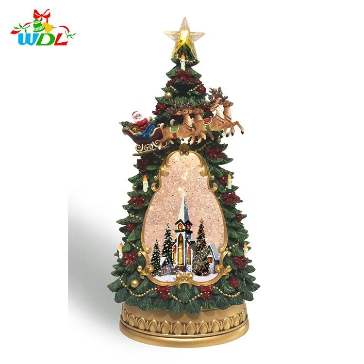 Decorative Cathedral Scene in Tree Shape Water Spinning Christmas Lantern Snow Globe