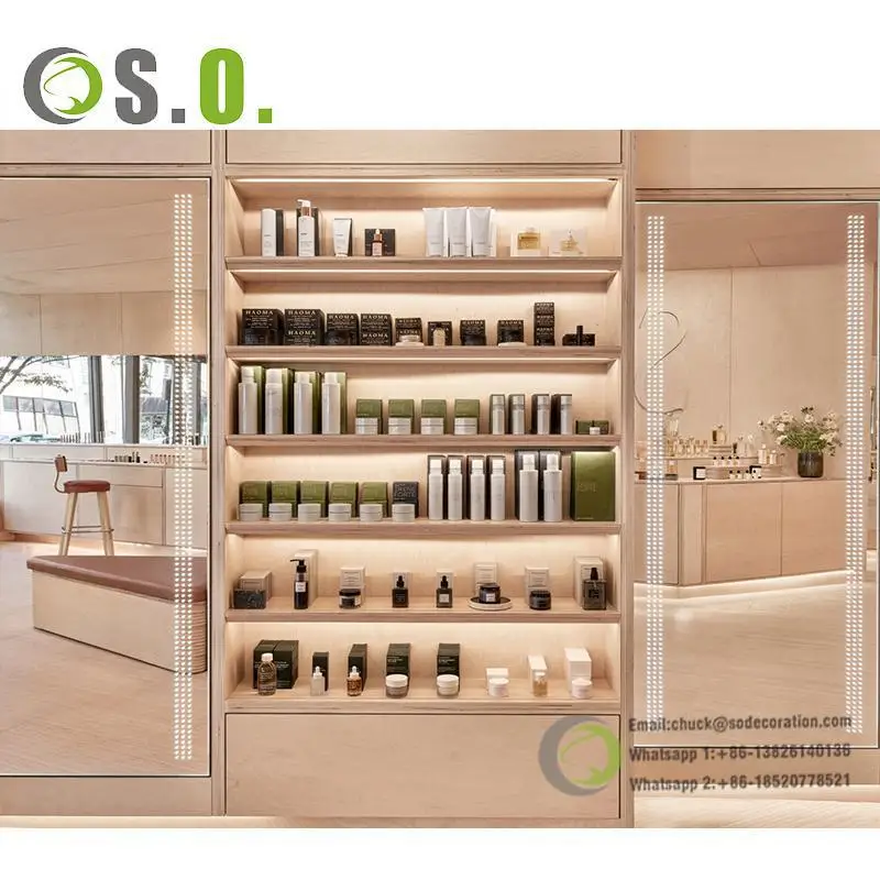Skincare shop furniture adjustable cosmetic store shelf rack led makeup shelves for store cosmetic display shop interior design