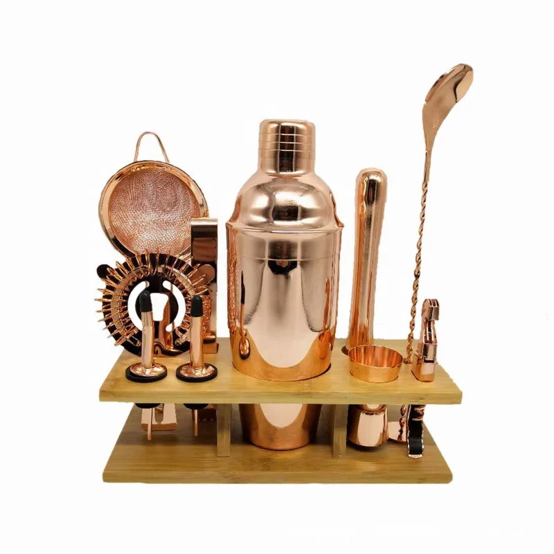 Amazon hot sale rose golden bartender kit bamboo stand bar tool cocktail shaker set