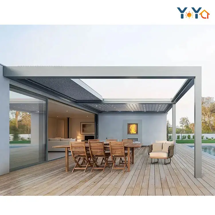 Customized Aluminum Bioclimatique Waterproof Sun Shade Motorized Sliding Canopy Awning Roof Louvered Pergola