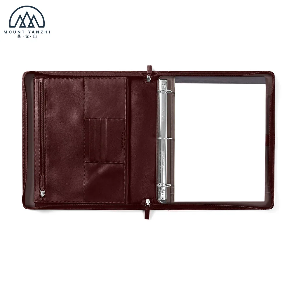 High Quality Luxury Zippered PU Leather Padfolio Multicolor Document Organizer Folder With Binder Rings