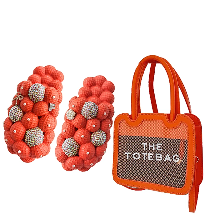 2022 New Design Bling Rhinestone bubble Slides with Handbag Purse Set Pink Orange Women Bubble Slides and The Tote Bag Purse