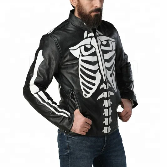 Leather moto Bones Skull print racing style jackets custom racing jacket