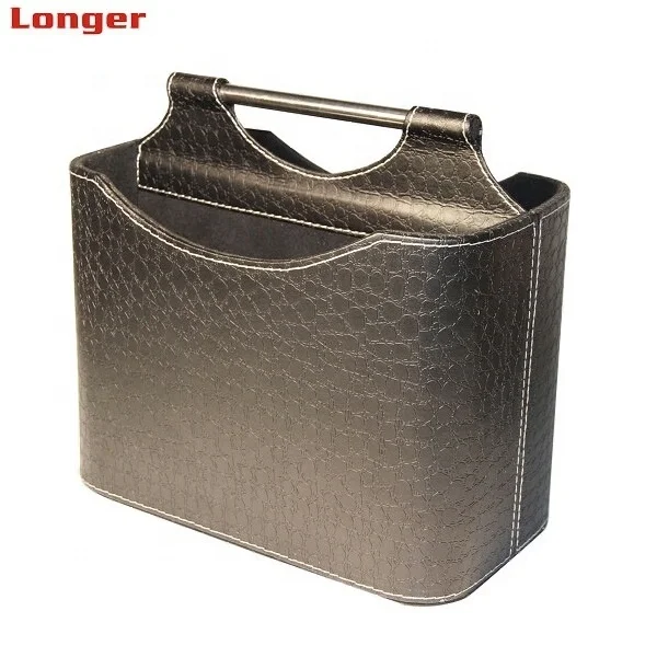 Magazine Basket Holder with Handle, Leather Storage Bin Organizer for Document, File, Newspaper Storage in Home or Office LG8069