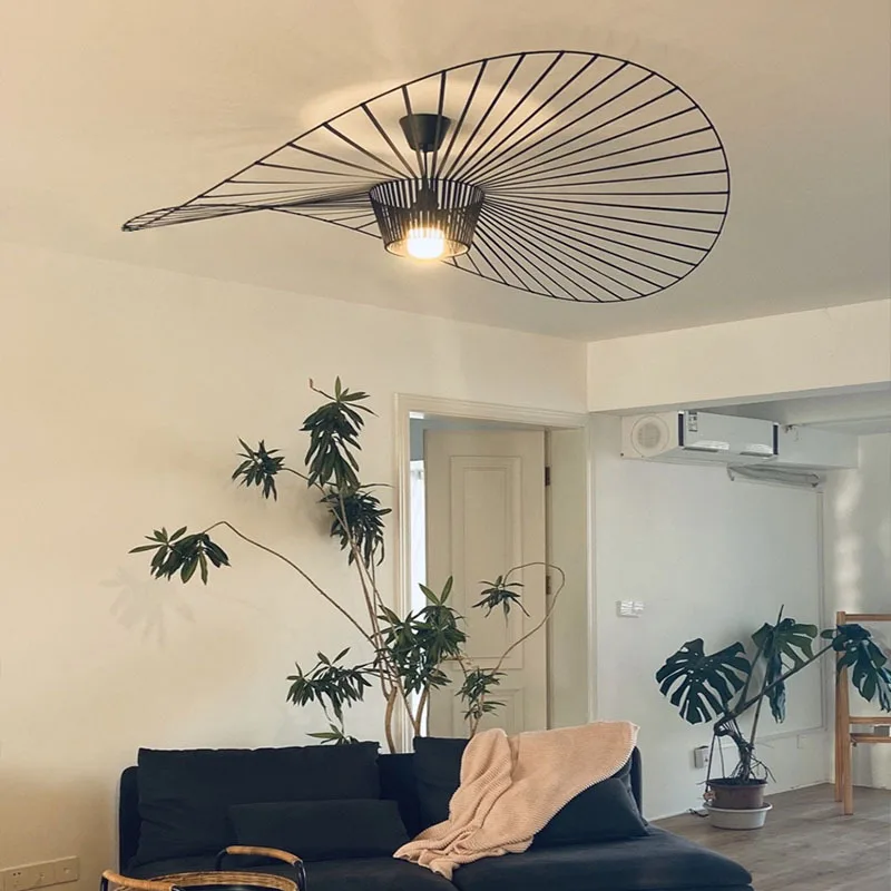 Straw Hat Lamp Nordic Creative Personality Chandelier Dining Room Hat Chandelier Modern Minimalist Living Room Vintage LED Iron
