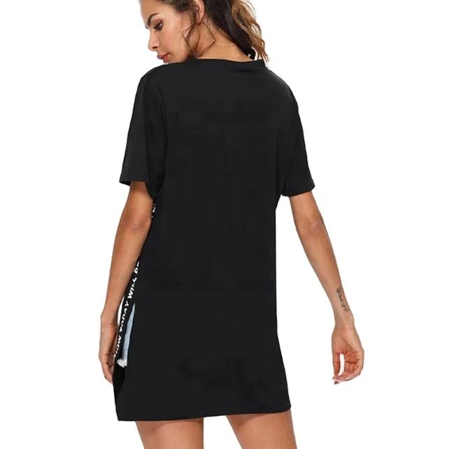 Black tall tee shirt for women split hem t shirt long cotton tshirt dress short sleeve