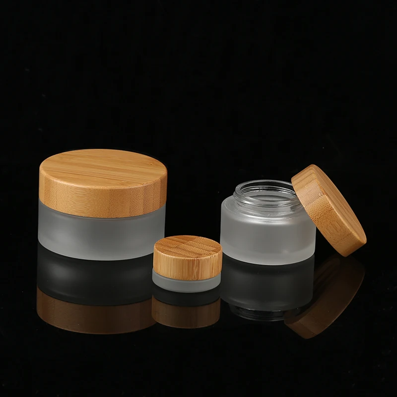 Natural Eco-Friendly Cosmetics Containers Packaging Empty 15g Luxury Skincare Cream Frosted Glass Bamboo Lid Face Cream Jar