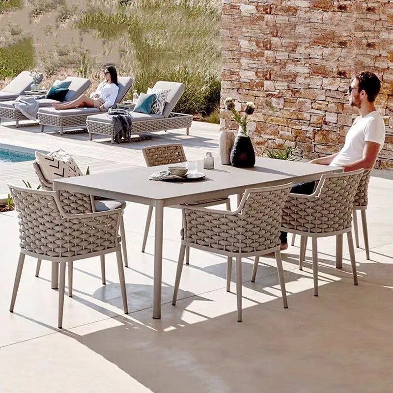 Outdoor table and chairs patio solid wood garden dining table leisure waterproof rattan chair set rope furniture set