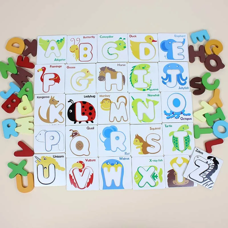 KIU Baby Abc Letter Educational Toys Animal Alphabet Matching Cards Educational Toys Wooden Letter Blocks Puzzle Game