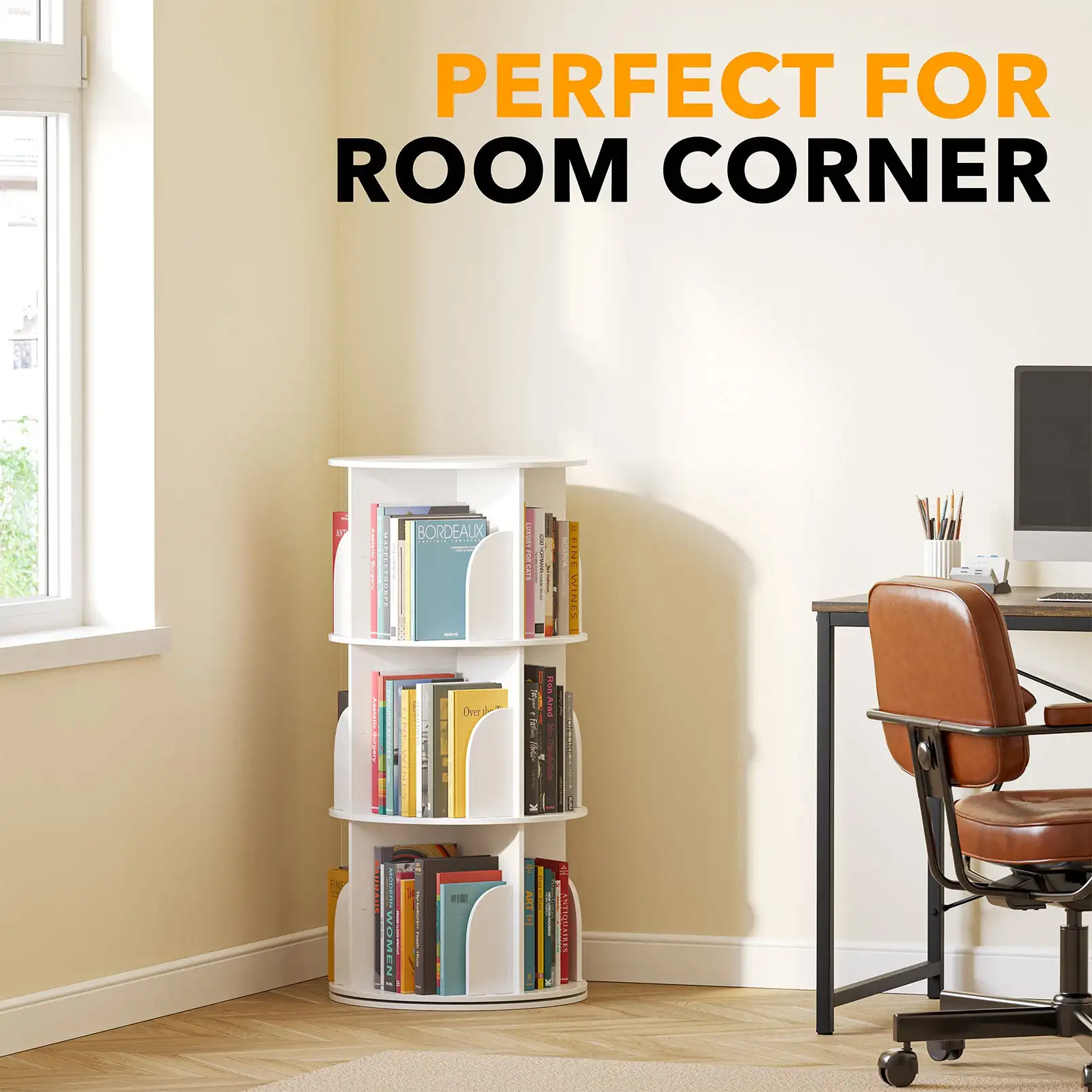 Rotating Bookshelf 360 Display 3 Tier Floor Standing Bookcase Storage Rack for Kids Adults PVC Bookshelf Organizer