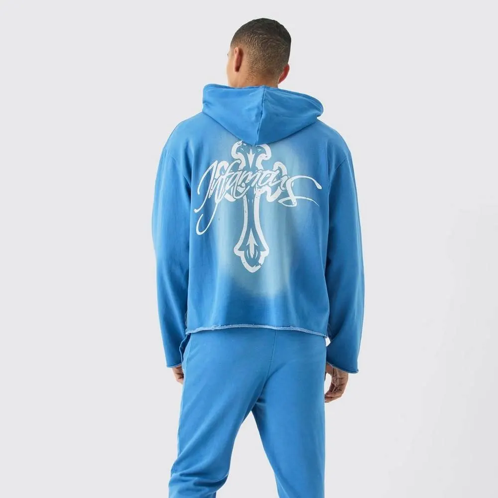 Custom Blue Oversized Boxy Acid Wash Print Graphic Raw Hem Tracksuit Hoodies
