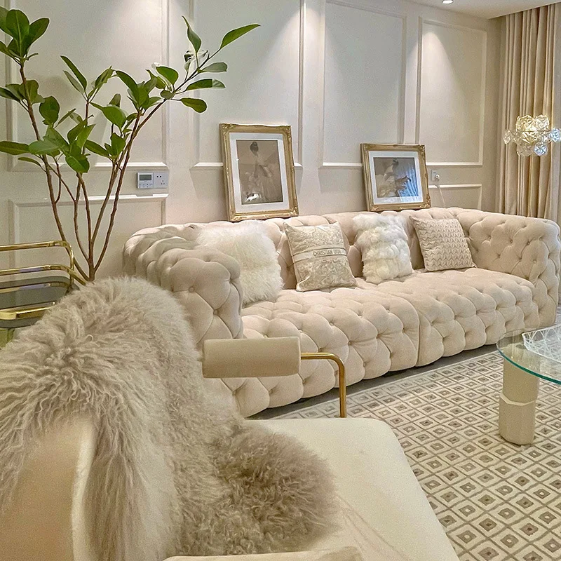 light luxury frosted fabric pull button french sofa living room large apartment French cream style small apartment sofa