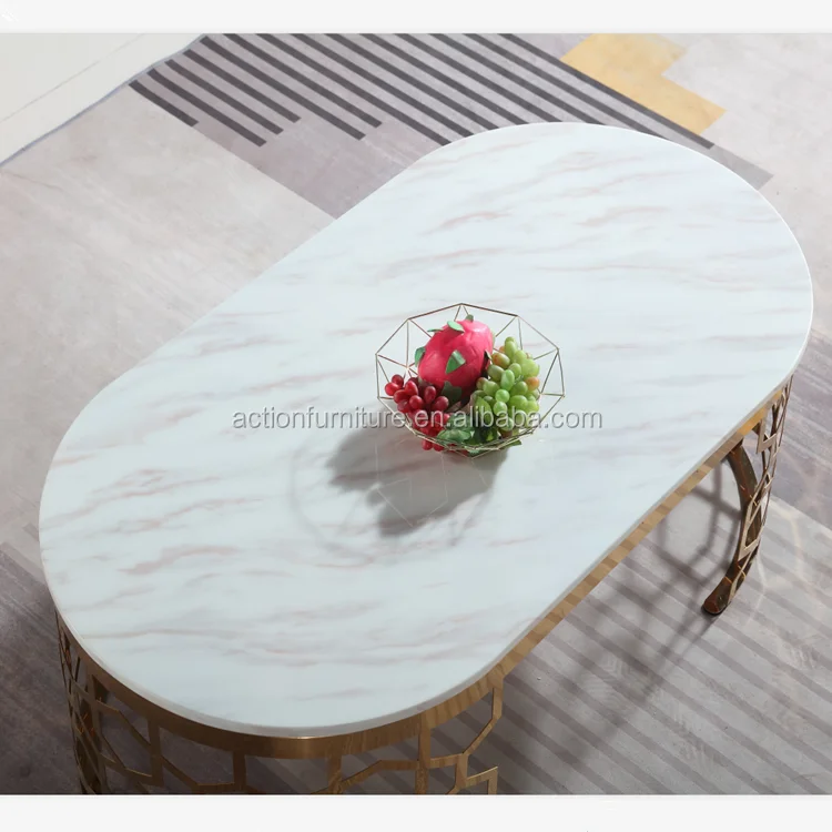 Hot Sale Stainless Steel Metal  With Round Marble Top White Coffee Table Side Table Chairs Set Center Table
