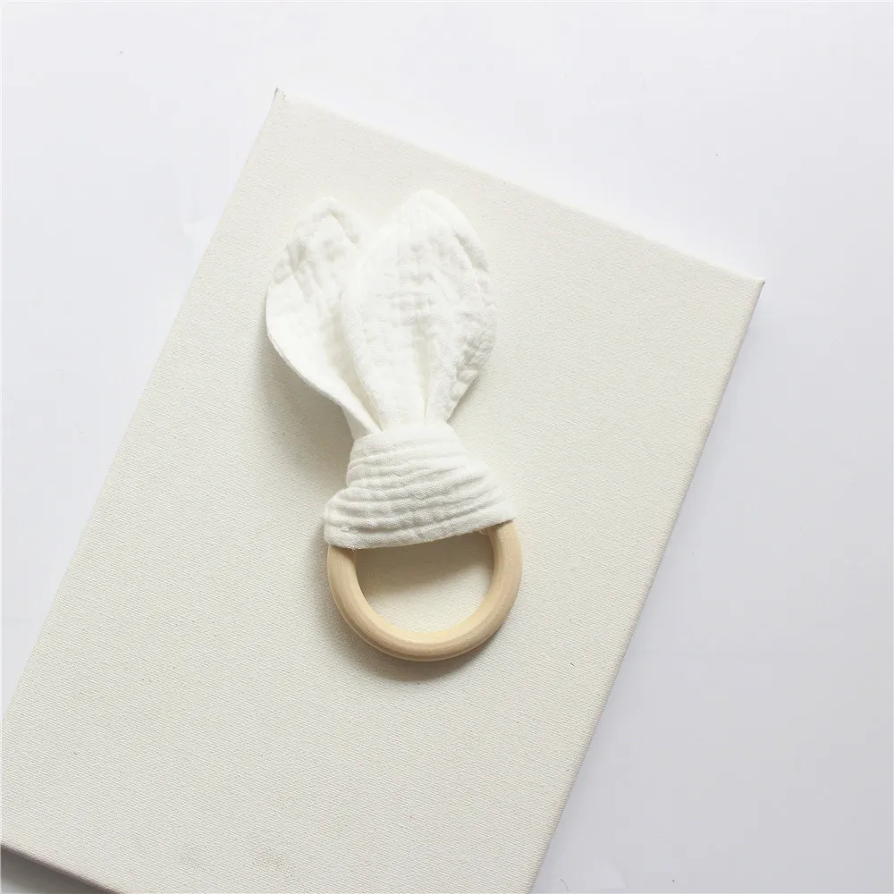 Baby Wooden Ring Teether Soft Cotton Rabbit Ear Comforting Toy Teething Sensory Rattle Shower Gift for Infants Newborn