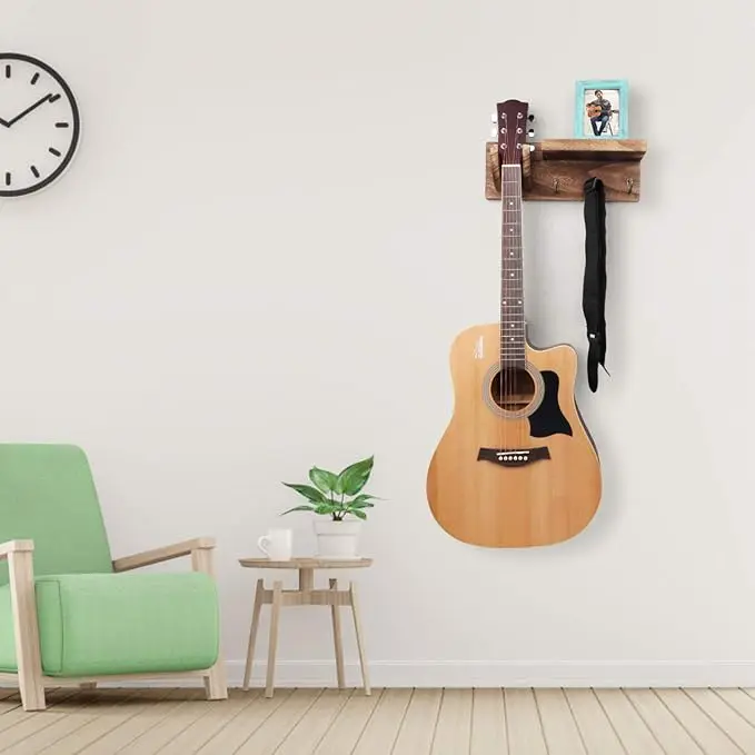 Multifunctional Wall Mount Guitar Hanger Shelf with Pick Holder and 3 Hooks