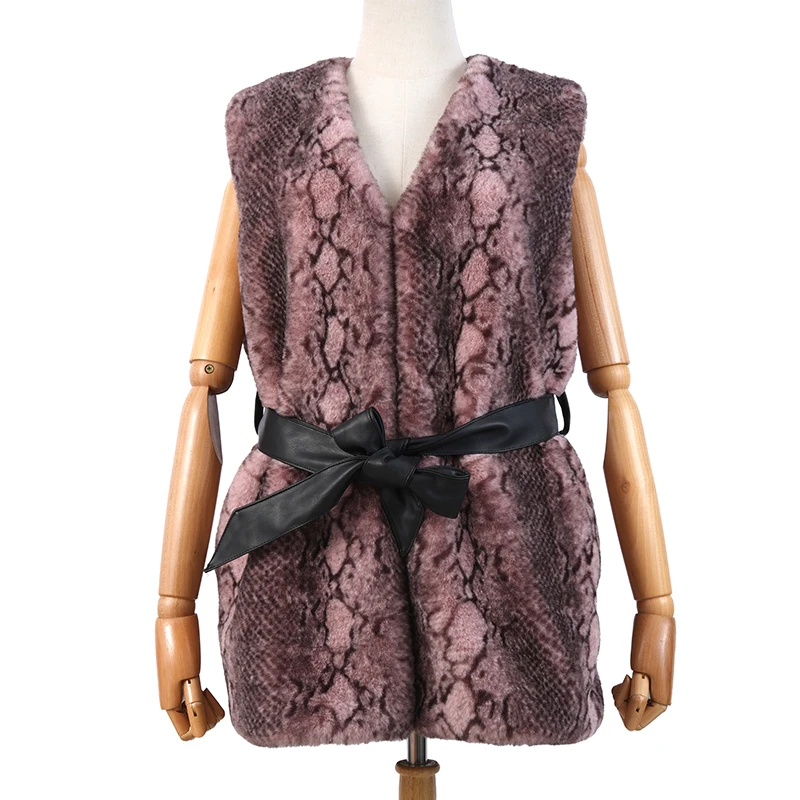 
Wholesale Brown V-neck Snake pattern Winter sleeveless PU leather belt faux Rabbit fur vest for women autumn warm 
