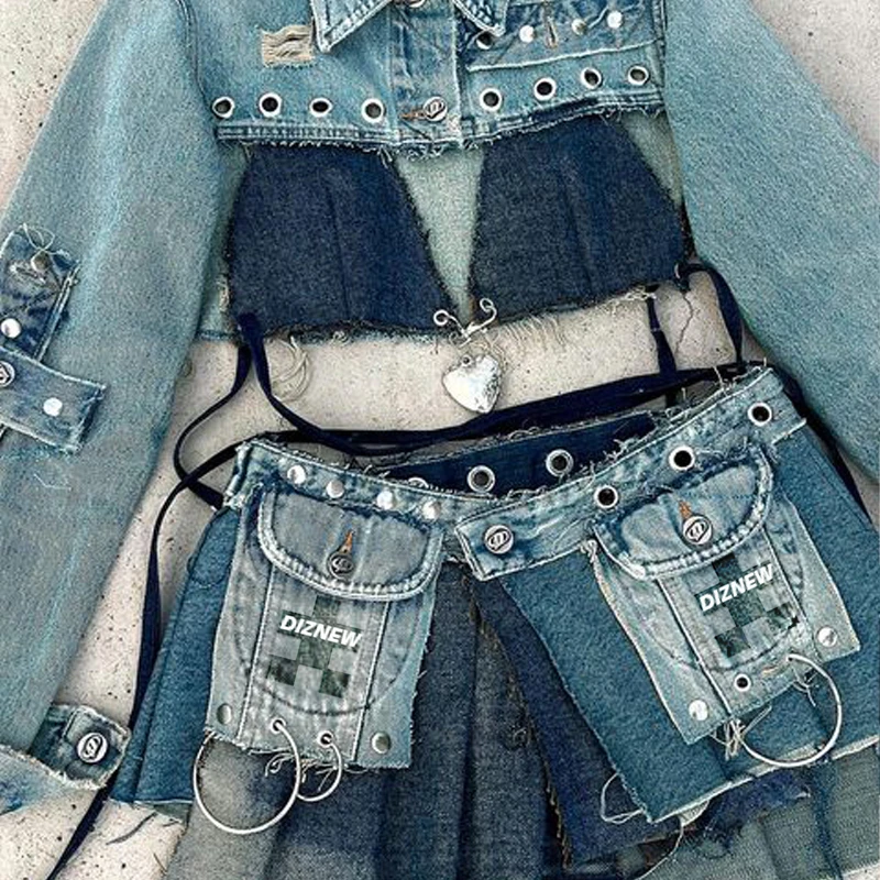 DIZNEW Custom designer fashion sexy denim skirt women y2k short denim top and denim skirt 2 piece set for women