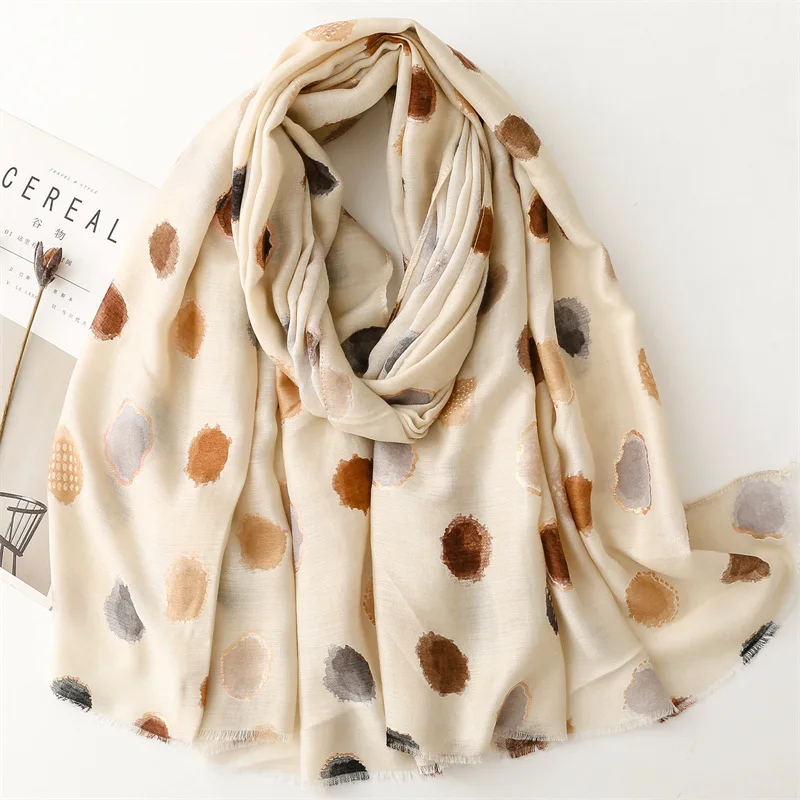 European fashion 180*90cm soft viscose gold foil scarves women print cotton hijabs black and white polka dotted printed shawls
