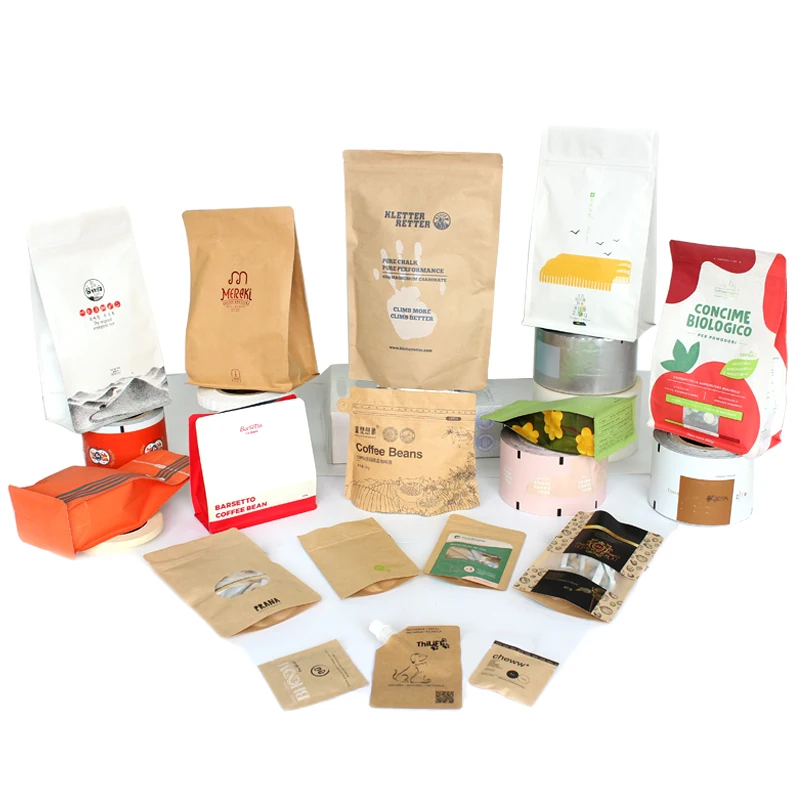 Biodegradable Kraft Paper Pouches with Resealable Zipper Three Side Seal Paper Biodegradable Plastic Mylar Bags for Food Packing