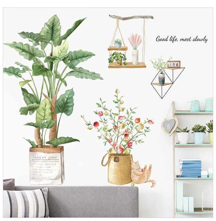 Removable Wall Sticker Cat Flower Pot Plant Leaves Warm Small Fresh Self Adhesive Sticker Bedroom Home Decoration Decal