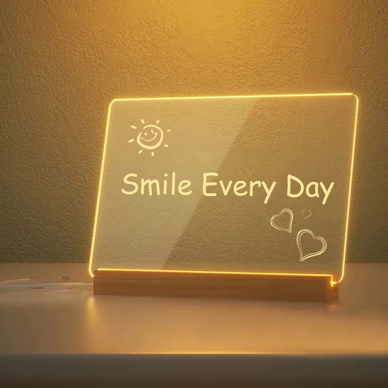 Hot Sale Writing Clear Led  Desktop Note Message Board Acrylic  Dry Erase Board With Wooden Stand