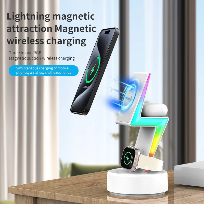 lightning Magnetic Wireless Charger fast wireless charger stand 3 in 1 Stand RGB Light for watch airpods and phones