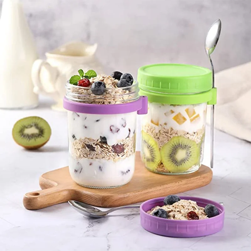 Portable 16oz 10oz Glass Breakfast Jars Glass Sala Overnight Oats Jar
