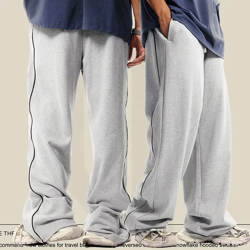 380GSM Heavyweight Loose Back with Contrasting Yarn-dyed Ribbon Design with Drawstring Elastic Belt Straight Leg Tracksuit Pants