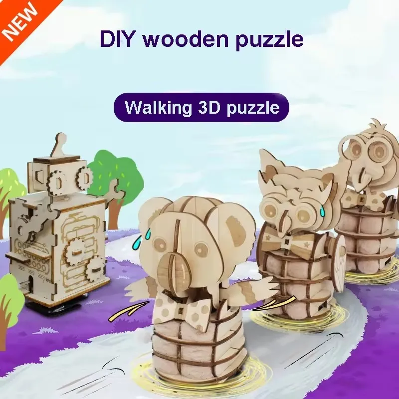 Wooden 3D puzzle model kids DIY wind up walking puzzle animal toy 6 style wood craft jigsaw puzzle building set educational toy