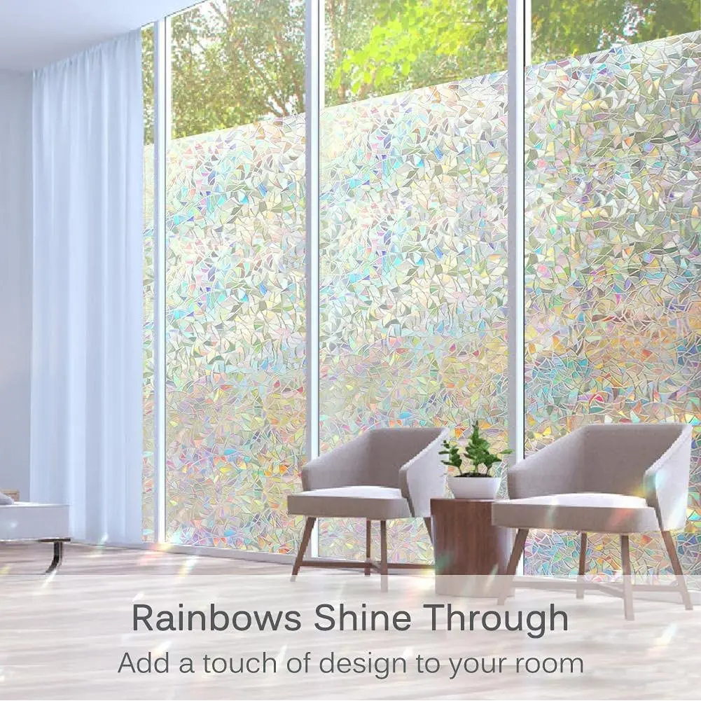 Window Privacy Film Static Clings Vinyl 3D Decals Rainbow Non-Adhesive Film for Glass Door Heat Control