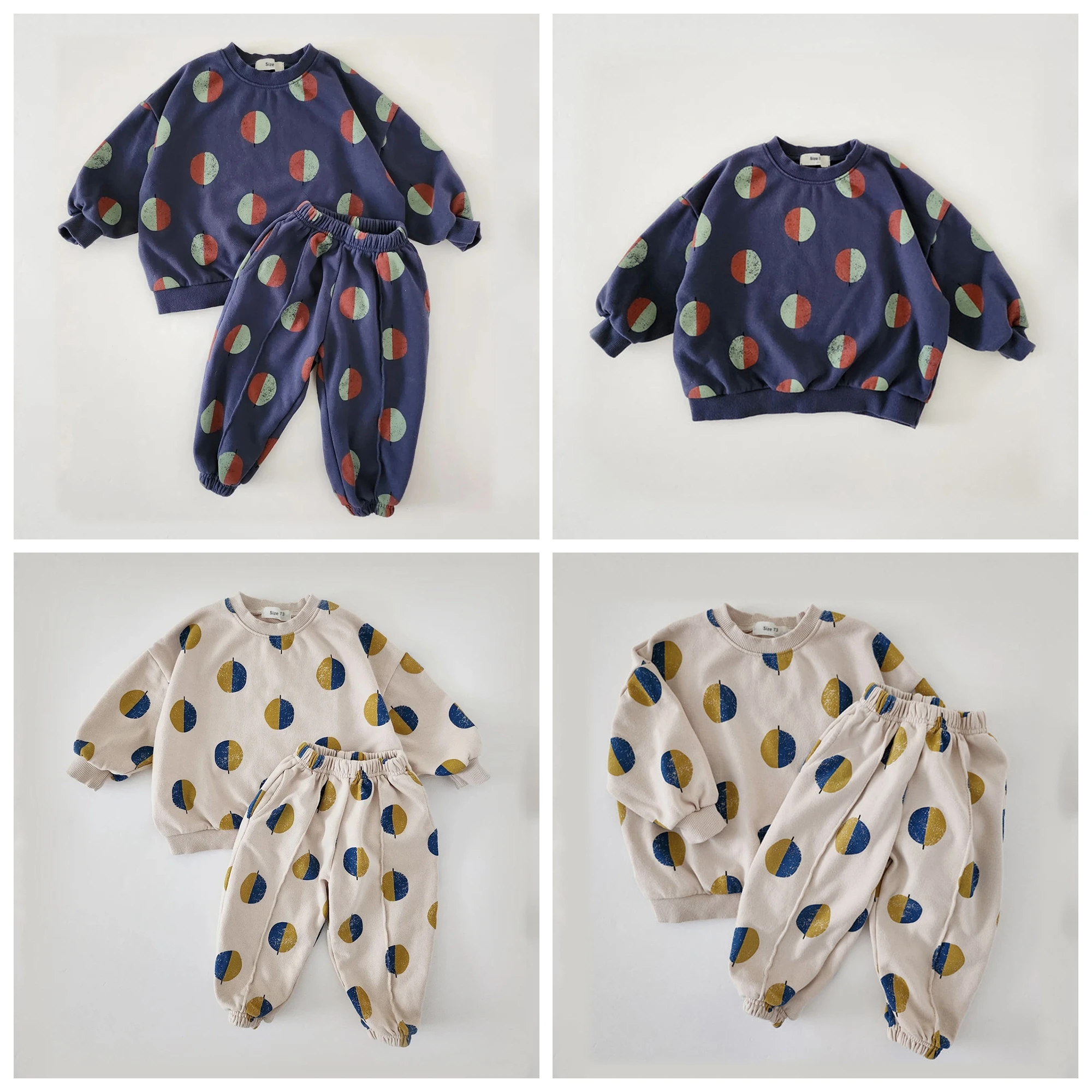 Autumn new design kids outdoor casual jogging hoodie set custom toddler baby neutral polka dot solid cotton pullover sweatshirt