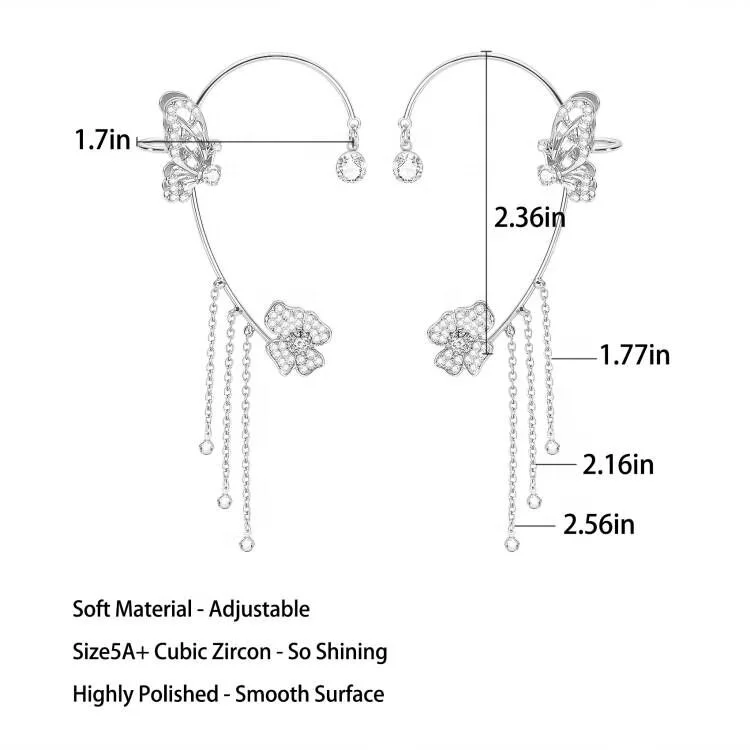Fashion Butterfly Tassel Earrings Zircon Clip Earrings Adjustable No ear piercing Earring For Women Party Gift