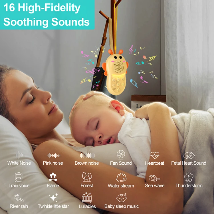 Portable Bee 16 Sounds Baby Sleep Therapy Sound Machine 1200 mAh Rechargeable Polymer Battery Powered Dimmable Warm Night Light