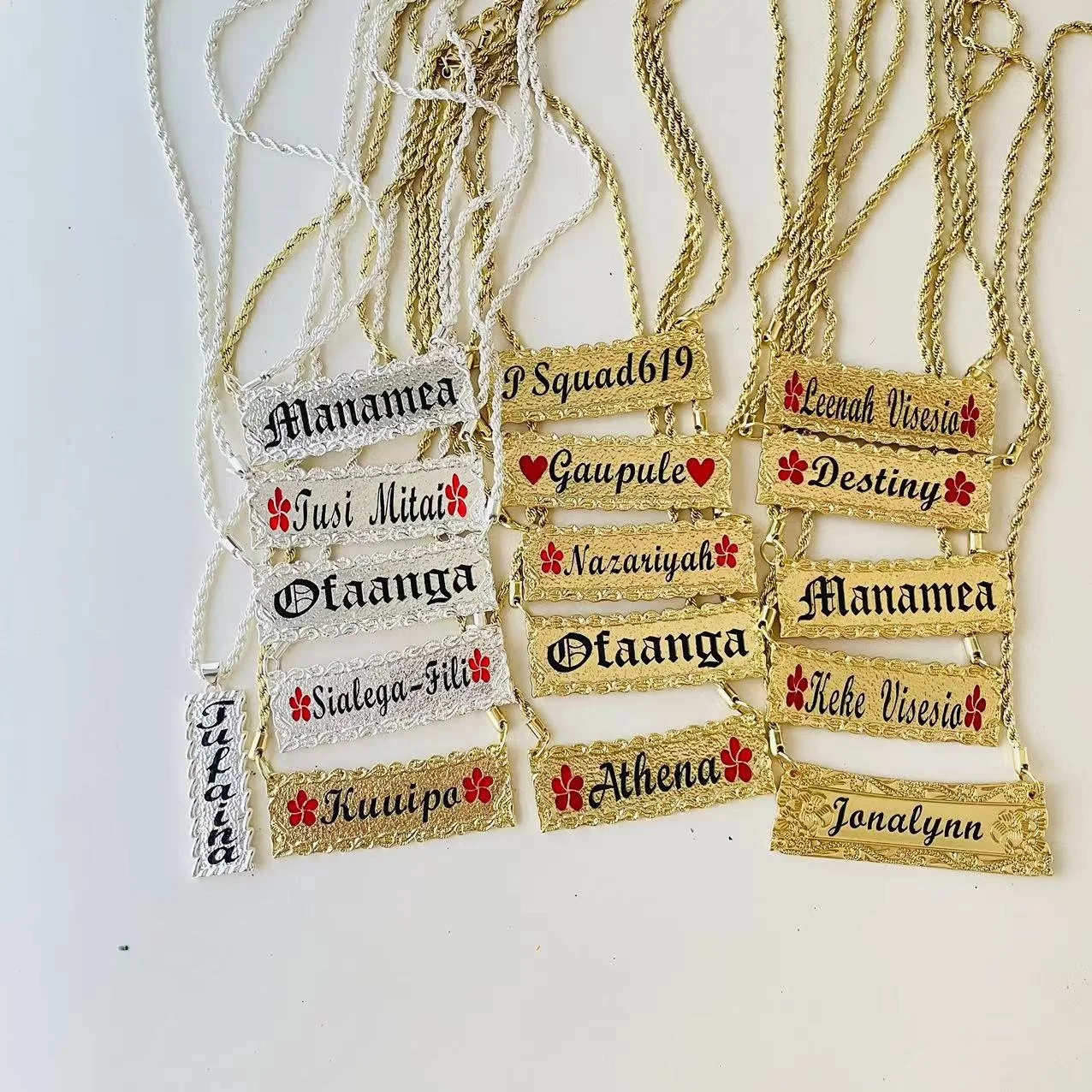 JX88 Customize name plate vertical initial enamel flower heart necklace chain birthday Hawaiian Samoa jewelry wholesale jewelry