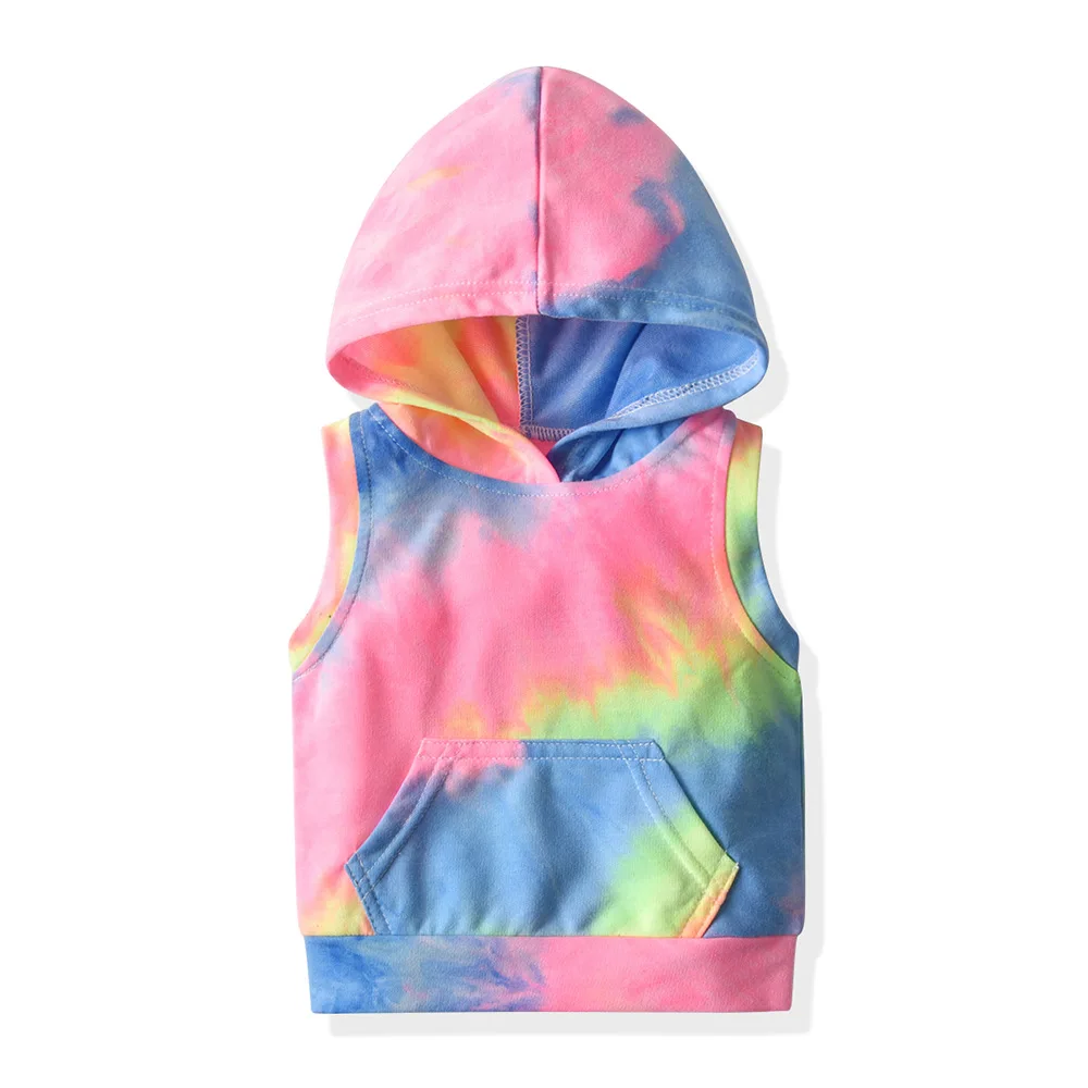 Summer new foreign trade cross border supply boys and girls tie dyed sweater sleeveless hooded Pullover shorts two-piece set