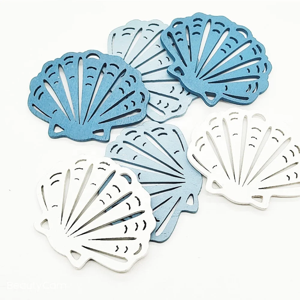 Custom Design Logo Ocean Series Decoration Laser Engrave Shells Starfish Blue Wooden Plywood Coaster For Drink Coffee Tea Cup