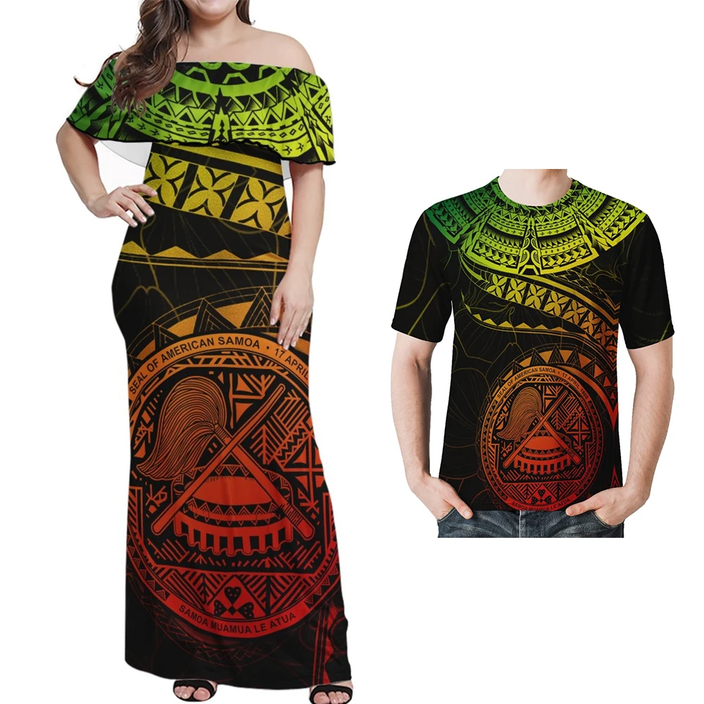 7XL Plus Size Clothing Gradient Polynesian Samoa Design Sublimate Couple Set Outfit Women Sexy Bodycon Dress with Men T-Shirt