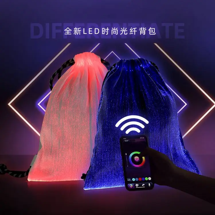 Unisex APP Control Music Activated LED Backpack LED Light Up Fiber Optic Drawstring Backpack Bag For Music Festival Rave Party