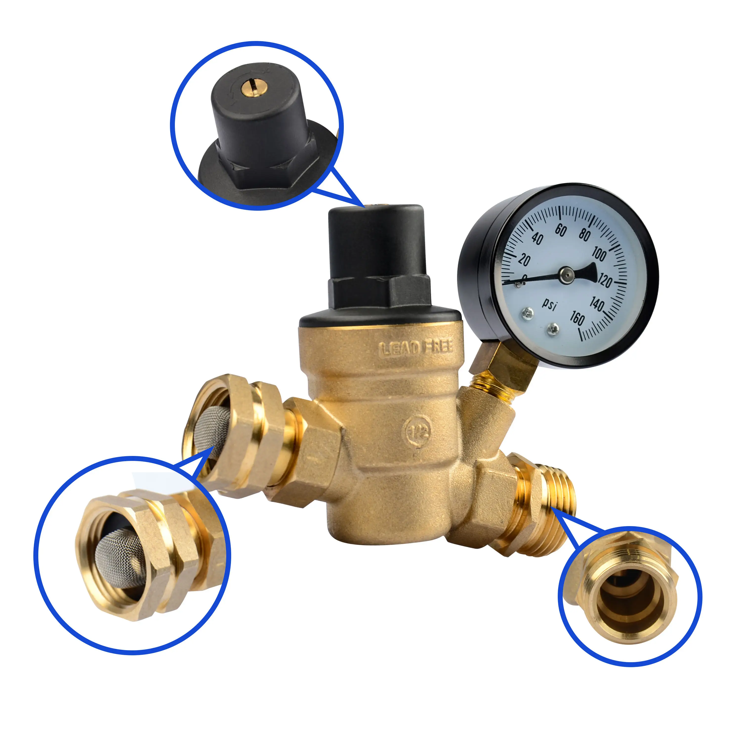 Pressure Regulator Valve Brass Lead-Free Adjustable Water Pressure with Gauge Reducing Valve